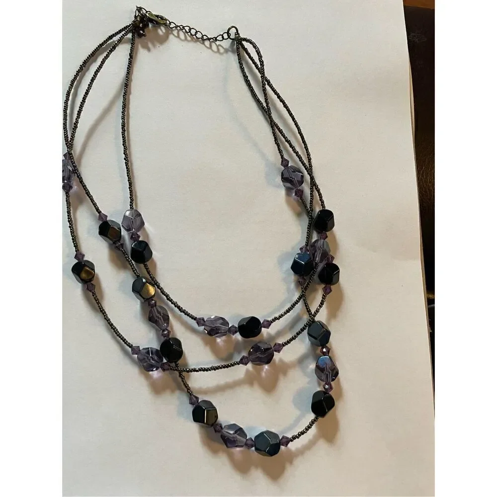 Lia Sophia  3 Strand Beaded Necklace Purple  and Black Stone.
